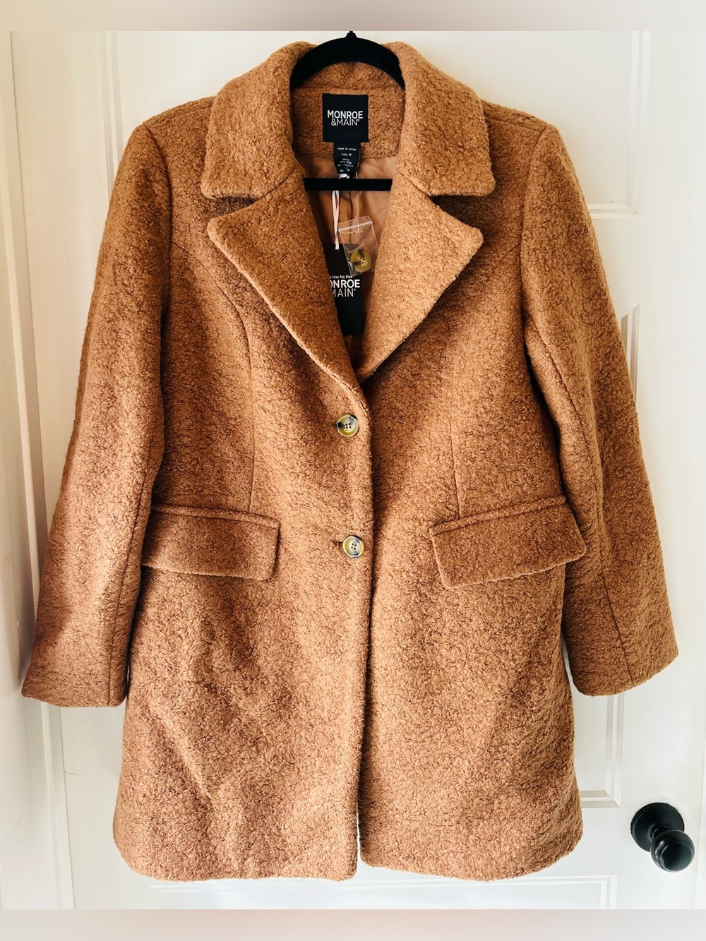 Monroe & Main Wool Blend Boucle Coat M Camel Teddy Tailored Old Money NWT Preppy